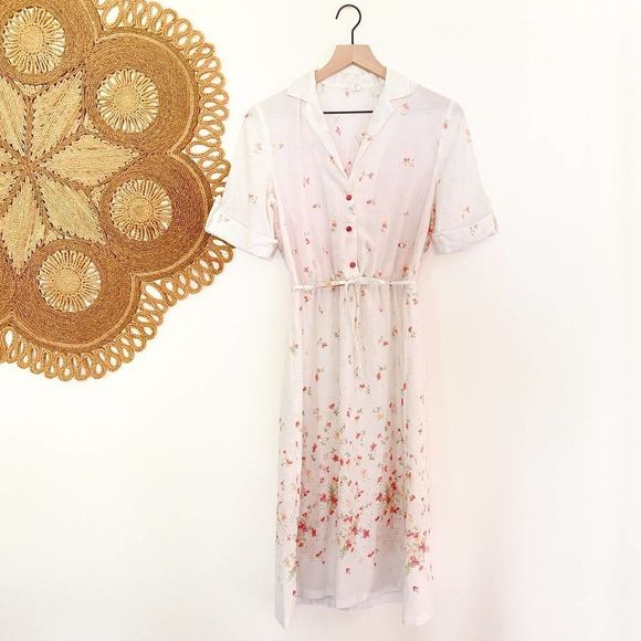 Vintage 1950s Retro Cottagecore Dress, Mid Century Boho Fairy Floral Shirt Dress - Picture 1 of 14